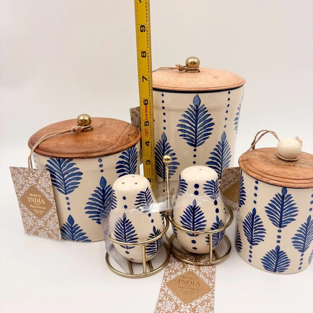 Made in India Blue Floral Leaf Hand Painted Ceramic Canister Set Salt Pepper 5pc
